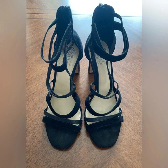 Vince Camuto Black Strappy Leather & Suede 4” Block Heel Zip EUC Women’s Size: 9 - Picture 3 of 8